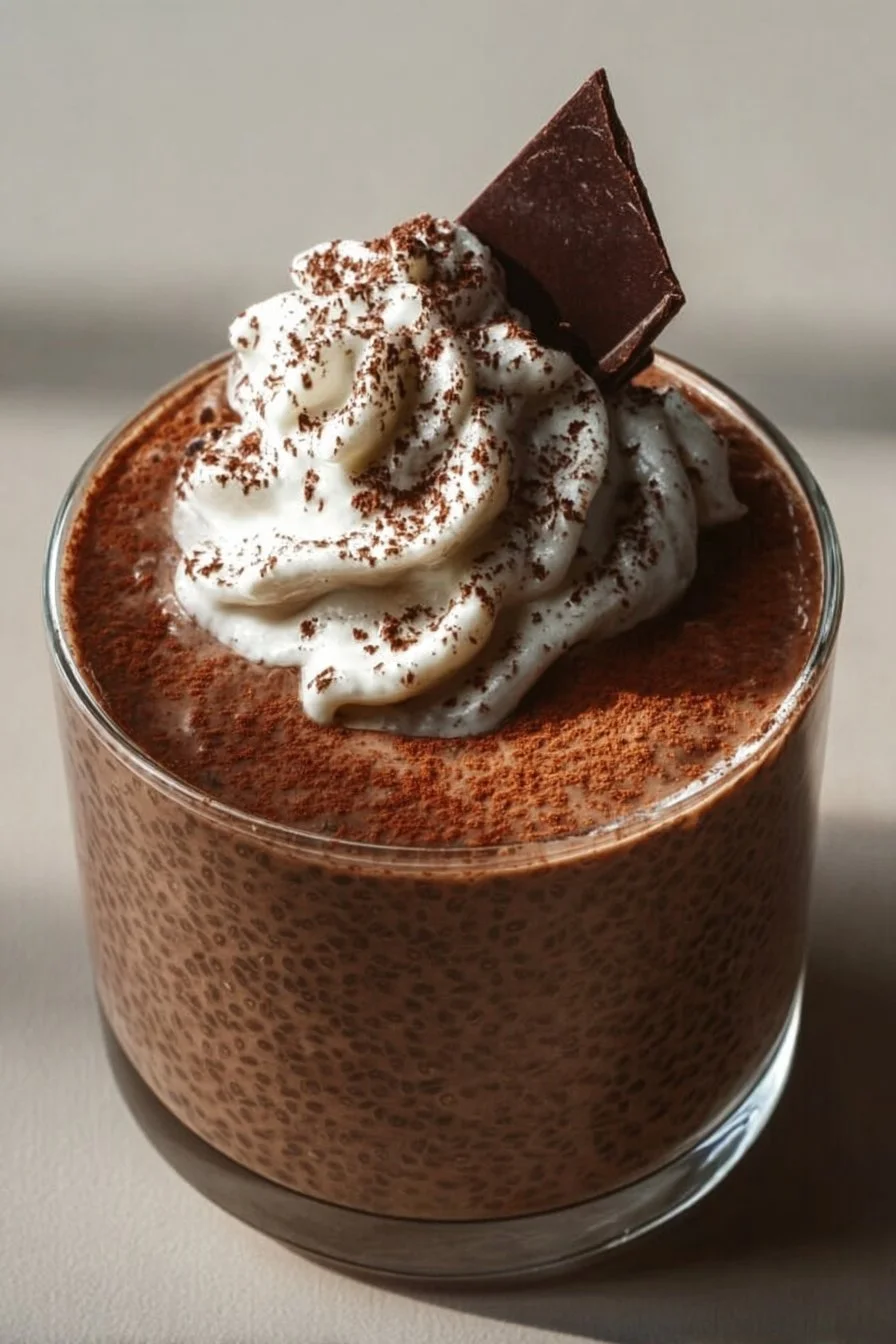 High protein chocolate chia seed pudding topped with fresh berries and nuts