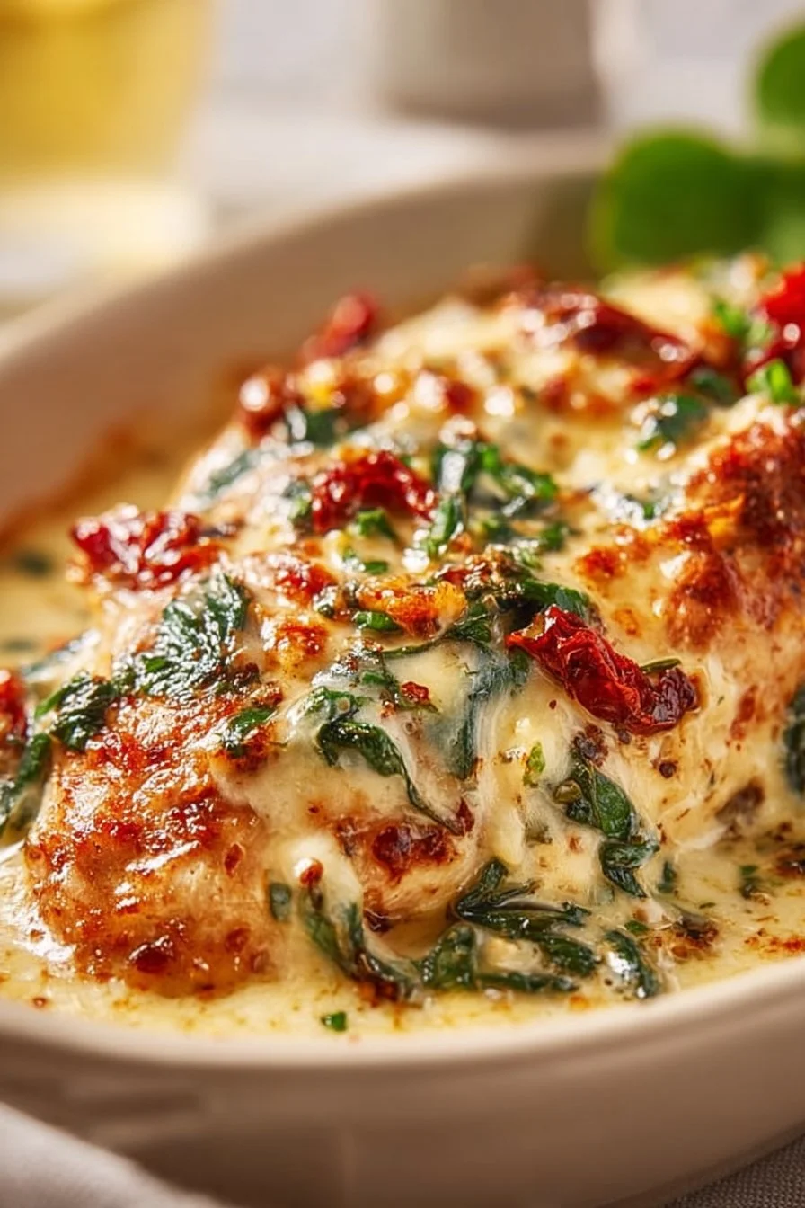 Delicious homemade baked Tuscan chicken casserole served in a dish