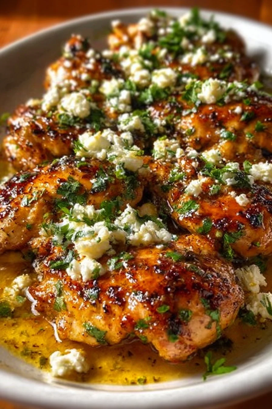 Plate of hot honey feta chicken drizzled with honey and crumbled feta cheese