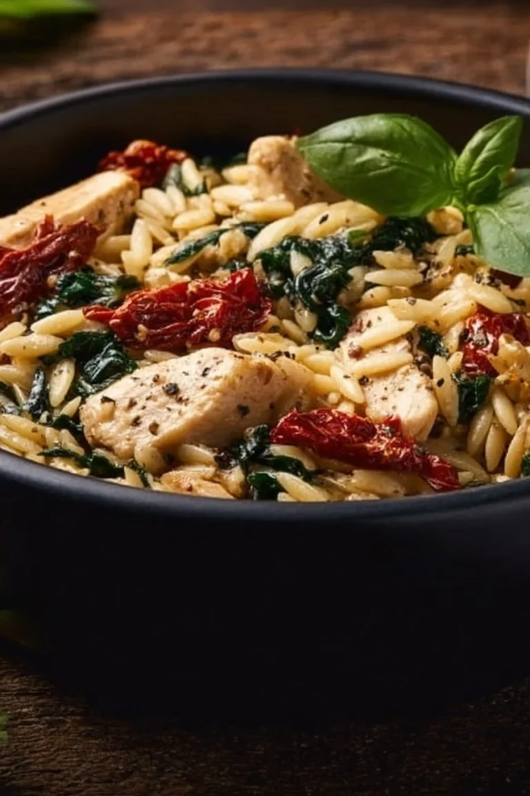 Instant Pot chicken and orzo dish served in a bowl with herbs