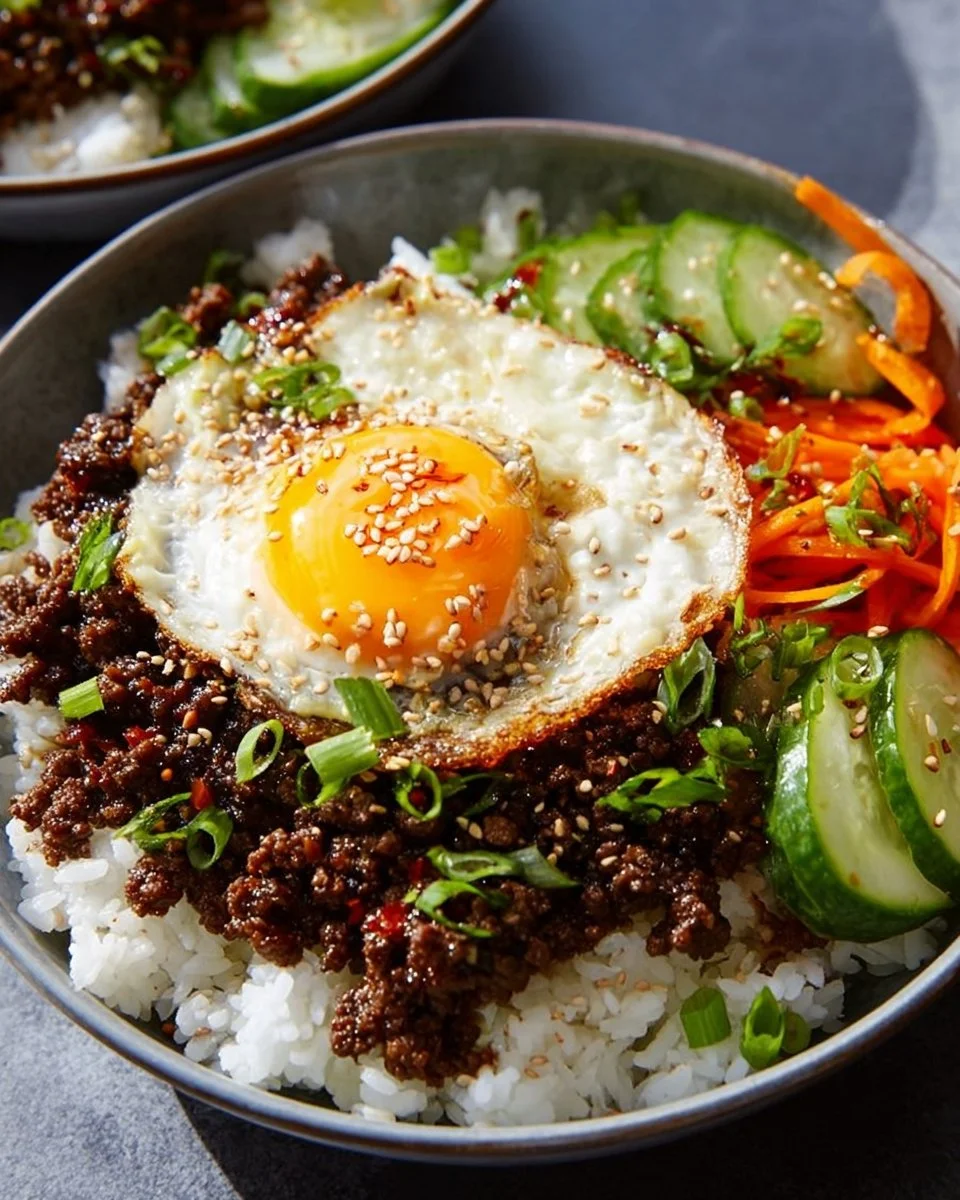 Korean Ground Beef Bowl with garnishes and rice