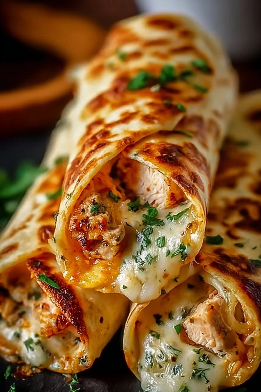 Low carb cheesy garlic chicken wraps served on a plate with fresh herbs