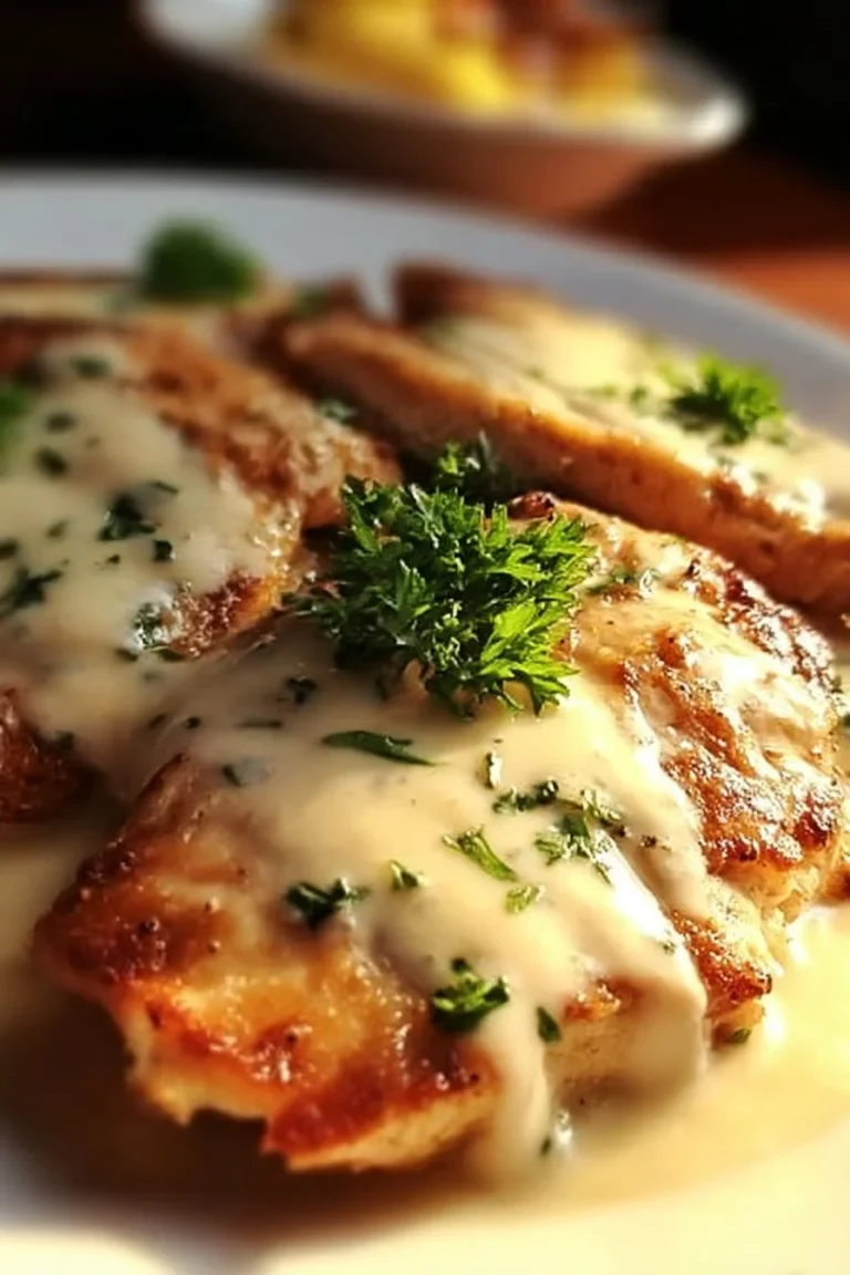 Plate of Malibu Chicken with ham and Swiss cheese garnished with herbs