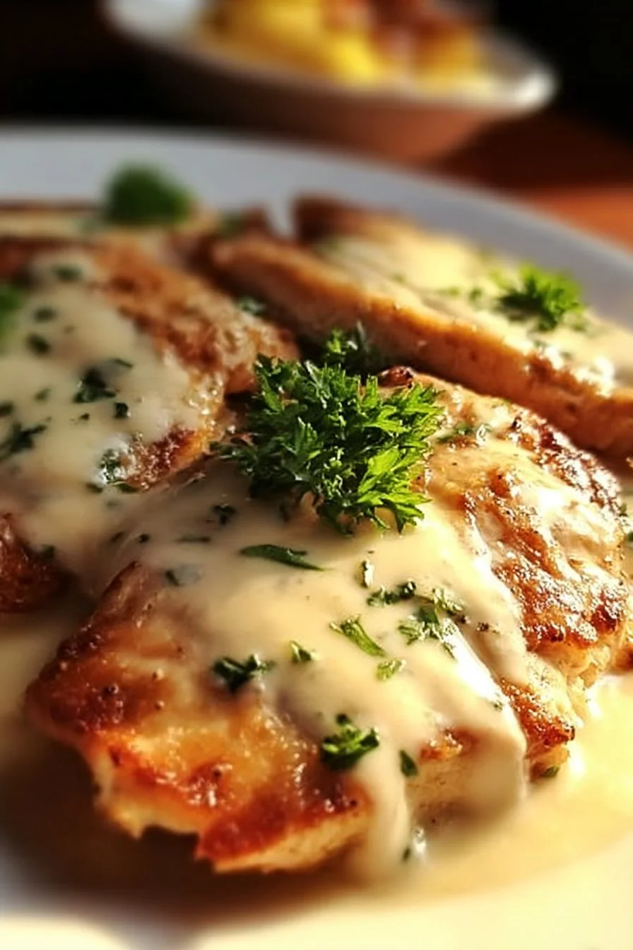 Plate of Malibu Chicken with ham and Swiss cheese garnished with herbs