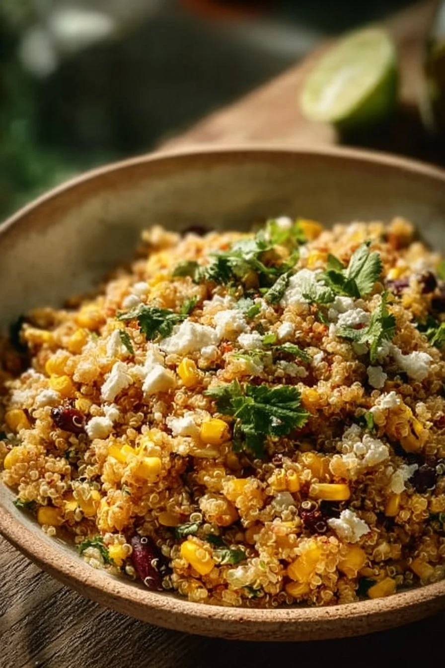 A colorful bowl of Mexican Street Corn Quinoa Salad with fresh ingredients.