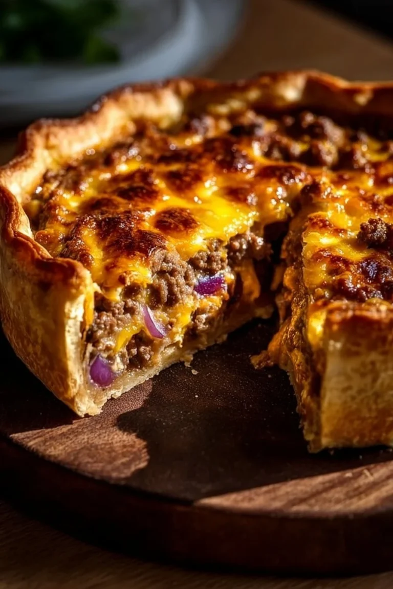 Delicious one-pan cheeseburger pie served with fresh toppings and condiments.