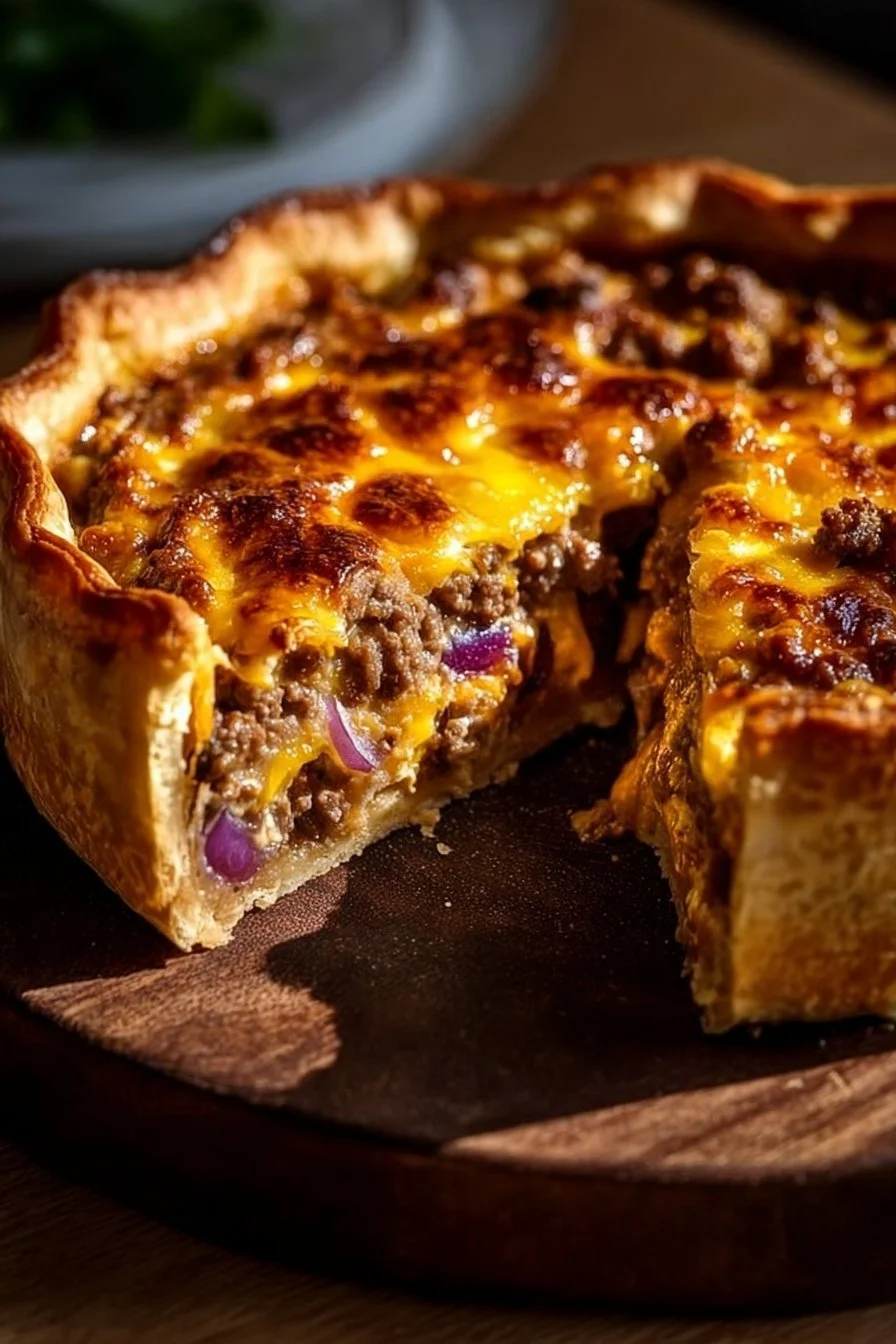 Delicious one-pan cheeseburger pie served with fresh toppings and condiments.