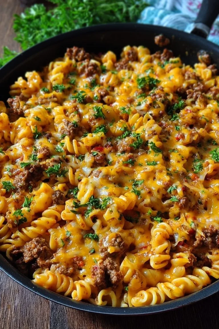 One Pot Cheeseburger Pasta Skillet garnished with cheese and herbs in a cast-iron skillet.