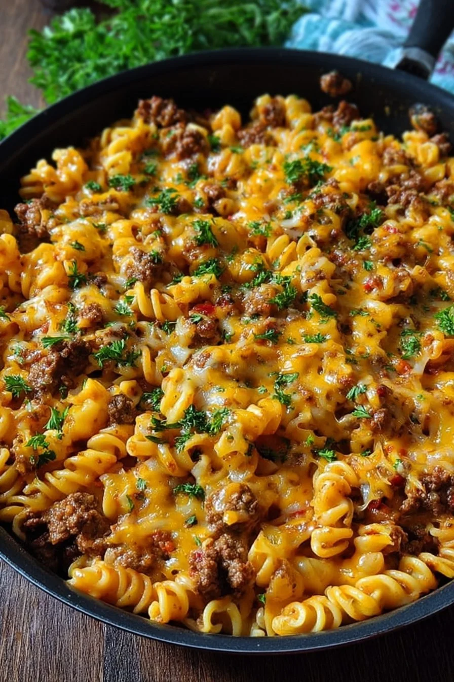 One Pot Cheeseburger Pasta Skillet garnished with cheese and herbs in a cast-iron skillet.