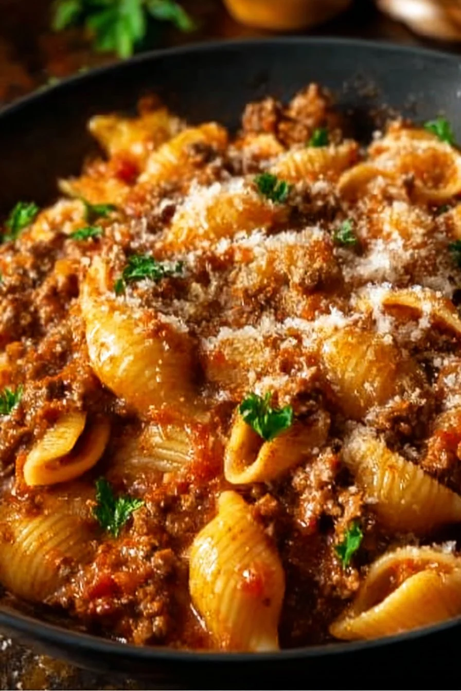 One-Pot Creamy Bolognese Pasta served in a bowl with fresh herbs