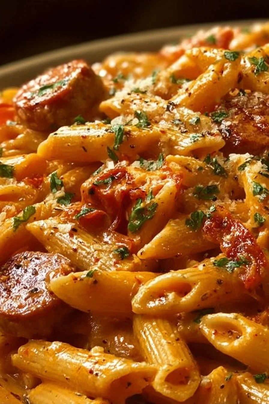 One-Pot Creamy Spicy Cajun Sausage Pasta served in a bowl with fresh herbs.