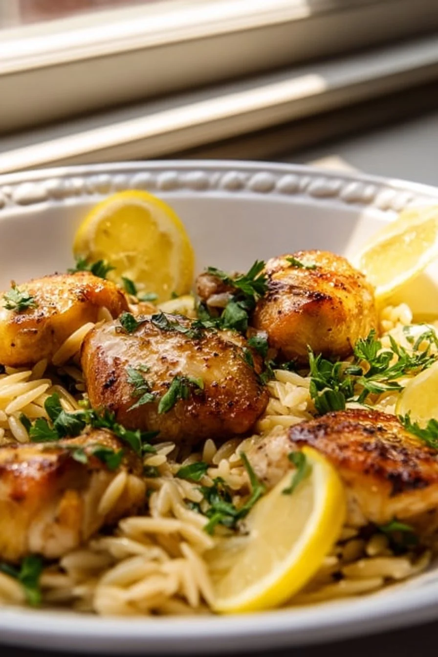 Plate of orzo lemon chicken garnished with fresh herbs