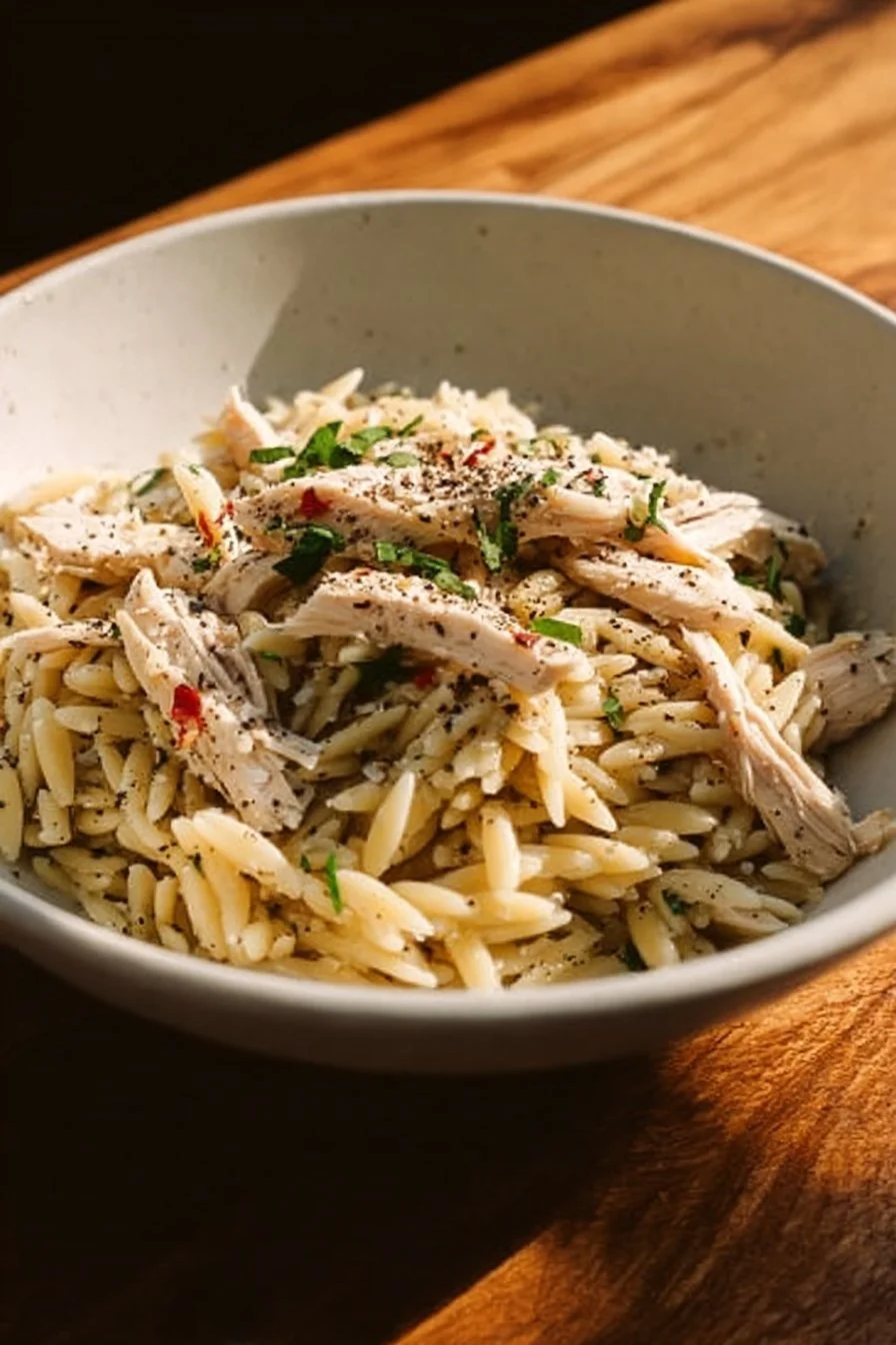 Delicious orzo pasta chicken served in a bowl, garnished with herbs.