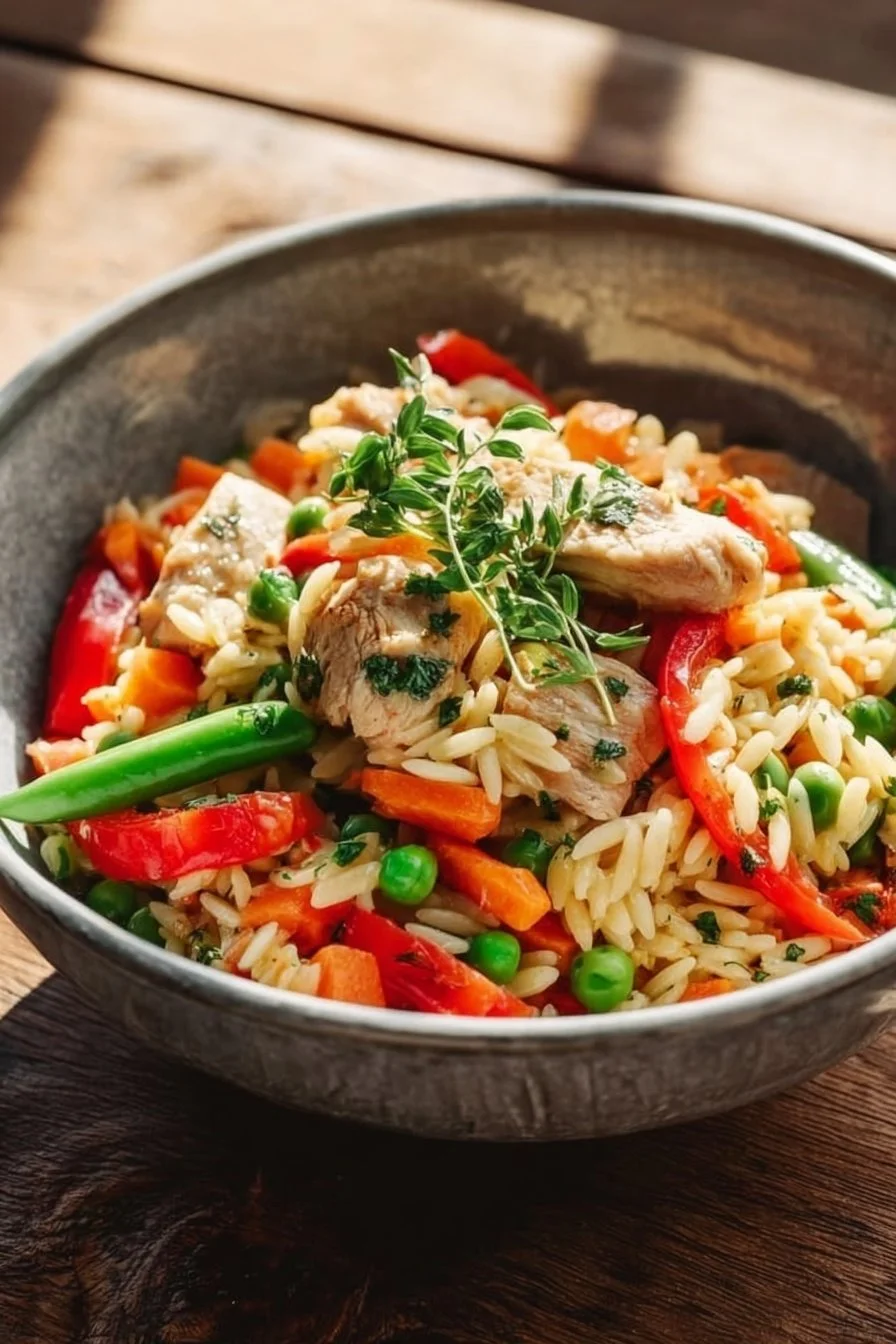 A plate of orzo with chicken, garnished with herbs, showcasing a delicious meal.