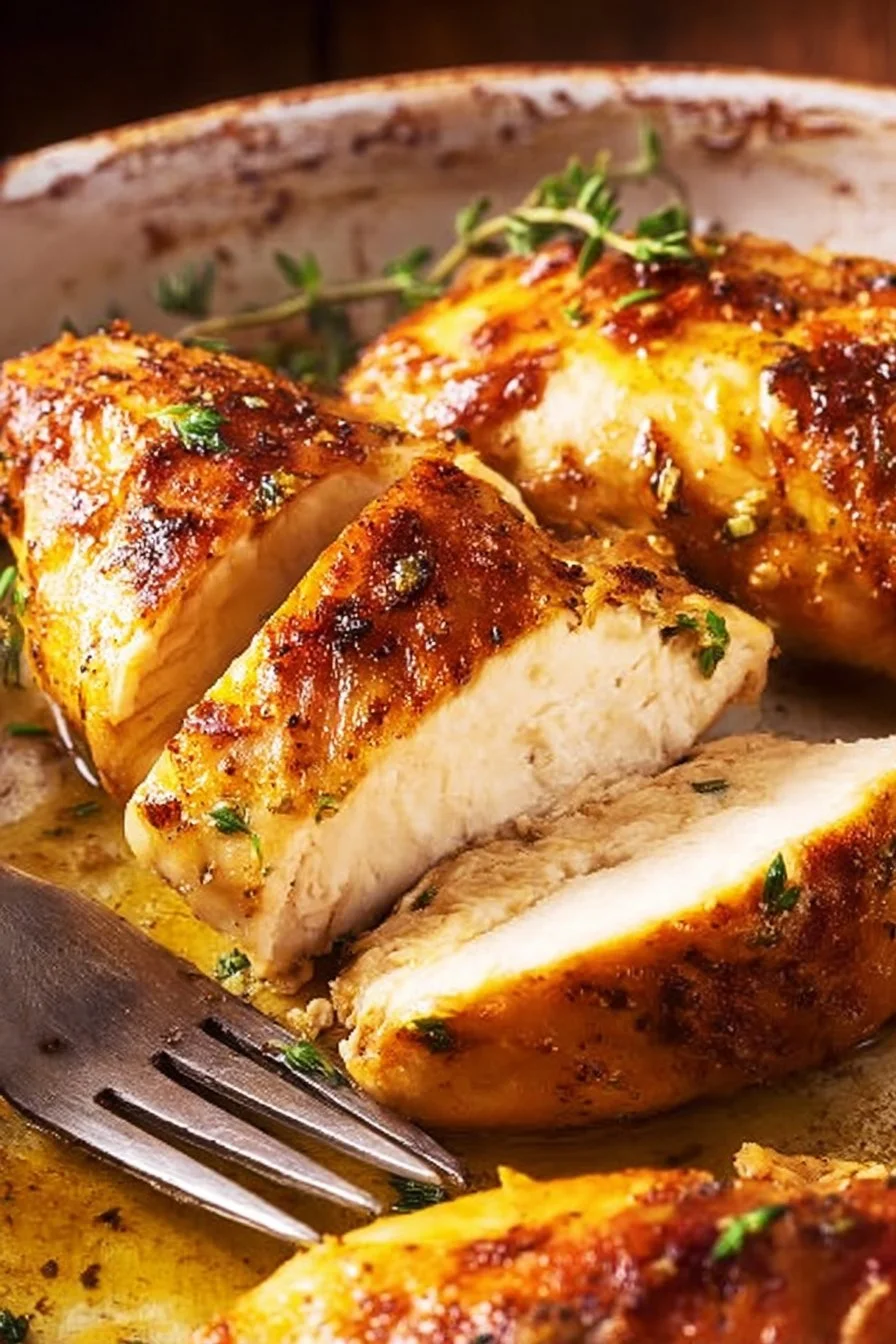 Oven baked chicken breast served on a plate with herbs and spices