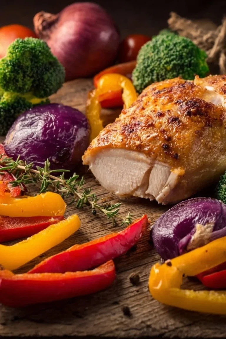 Oven-baked sheet pan chicken breast with vegetables ready to serve.