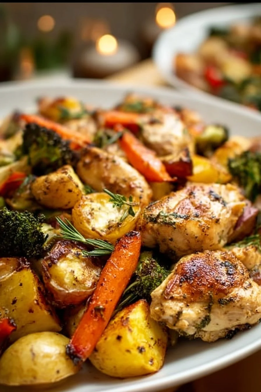 Sheet pan with lemon herb chicken and assorted vegetables ready to serve
