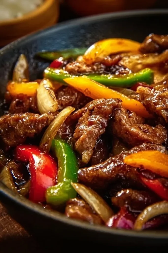 Delicious sizzling Chinese pepper steak with onions served on a plate