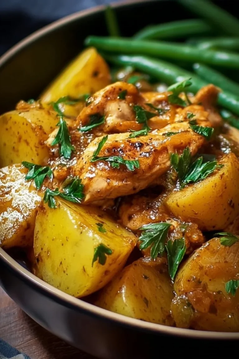 Delicious slow cooker chicken with potatoes and green beans in a serving dish.