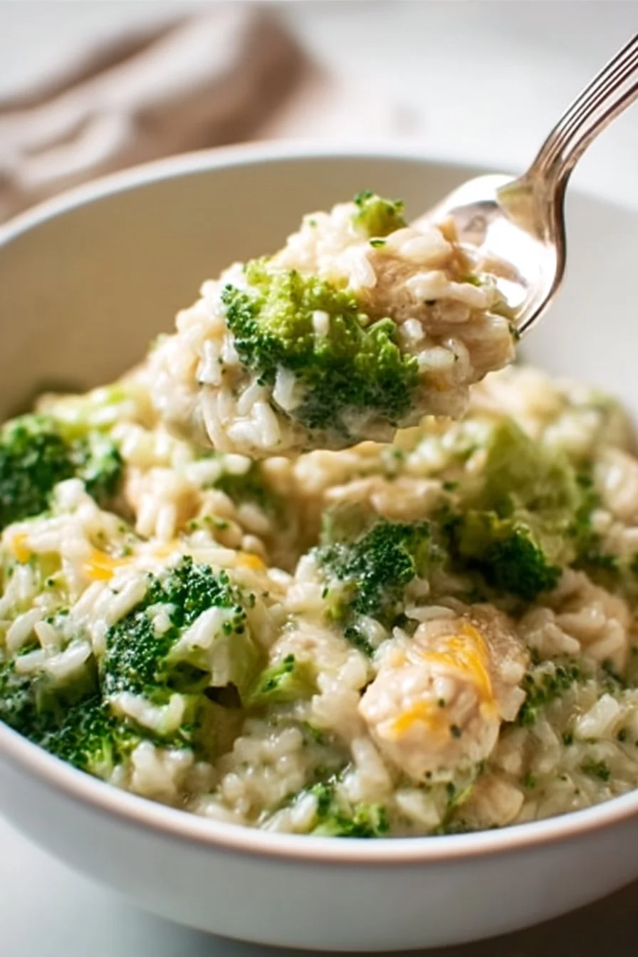 Slow Cooker Chicken Broccoli Rice Casserole served in a bowl