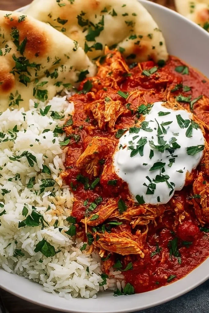 Slow Cooker Chicken Tikka Masala served with rice and garnished with cilantro