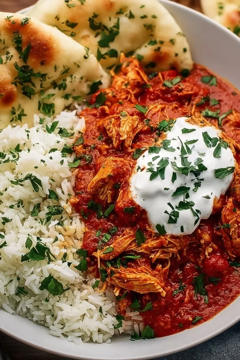 Slow Cooker Chicken Tikka Masala served with rice and garnished with cilantro