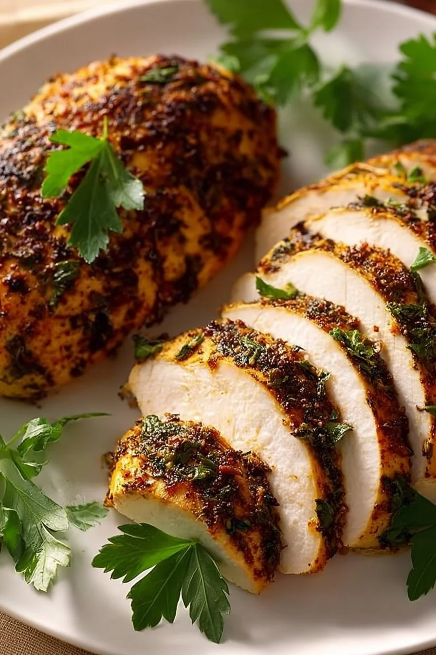 Tender slow cooker herb chicken breast garnished with fresh herbs