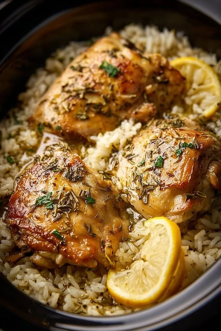 Slow Cooker Lemon Herb Chicken served with rice and fresh herbs