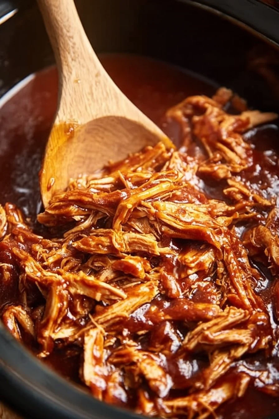 Slow Cooker Shredded BBQ Chicken in a bowl garnished with herbs.