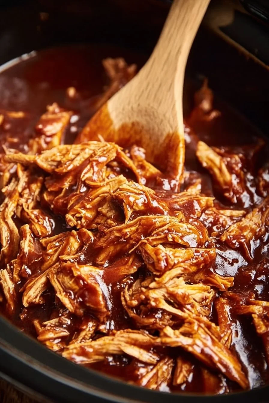 Delicious Slow Cooker Shredded BBQ Chicken served on a plate with sauce