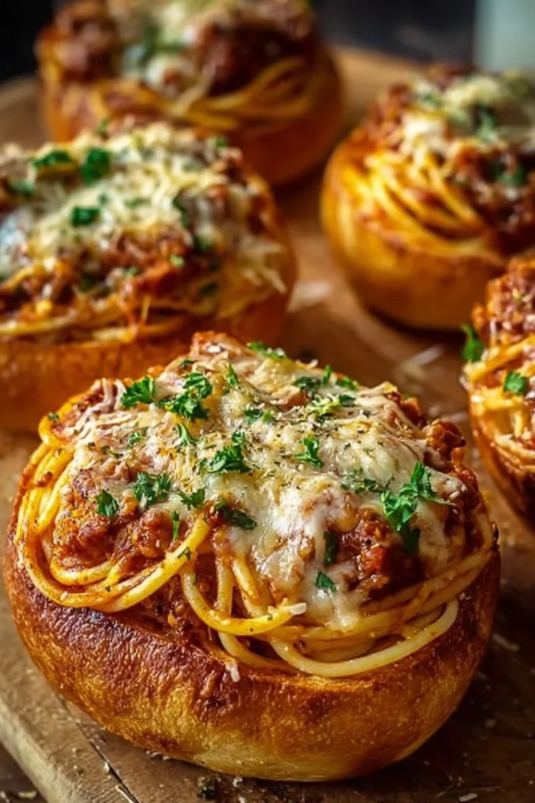 Spaghetti garlic bread bowls filled with flavorful spaghetti and toasted garlic bread