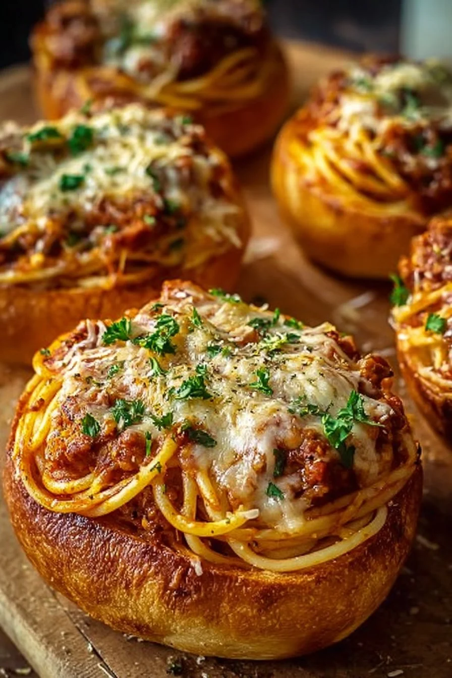 Spaghetti garlic bread bowls filled with flavorful spaghetti and toasted garlic bread