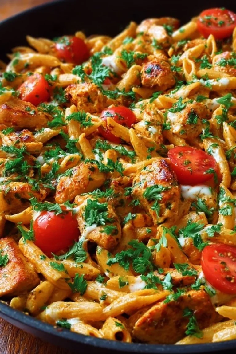 Spicy Chicken Chipotle Pasta garnished with fresh herbs and chili flakes
