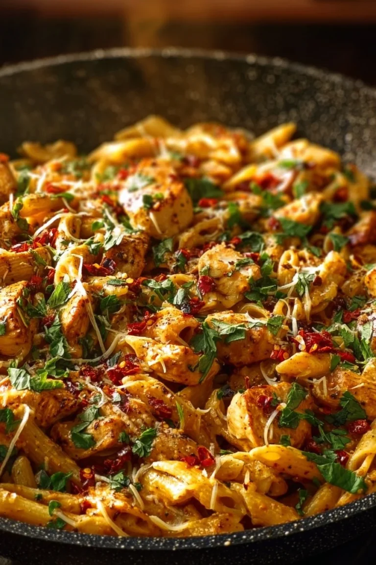 Plate of spicy chicken chipotle pasta garnished with herbs