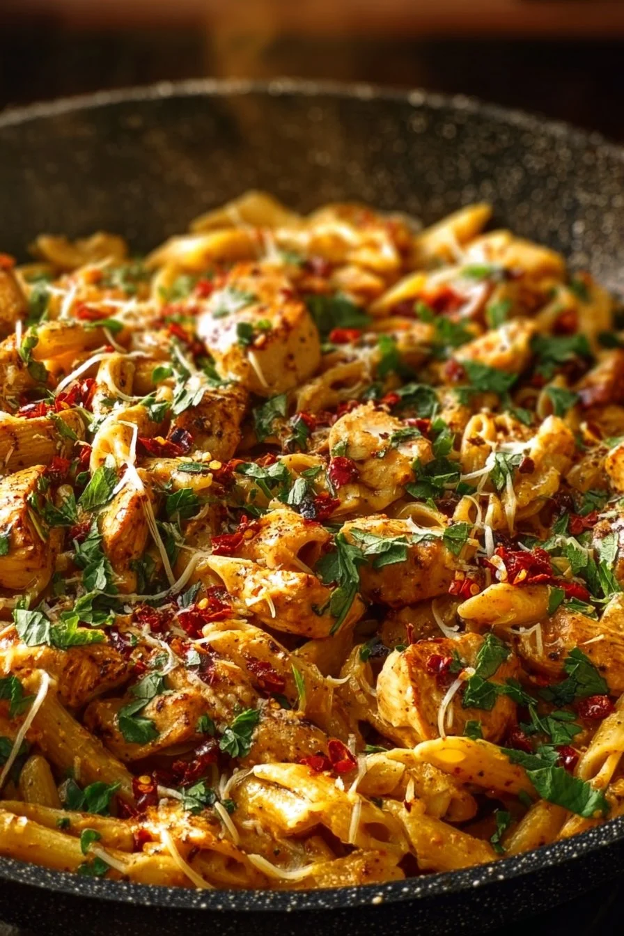 Plate of spicy chicken chipotle pasta garnished with herbs