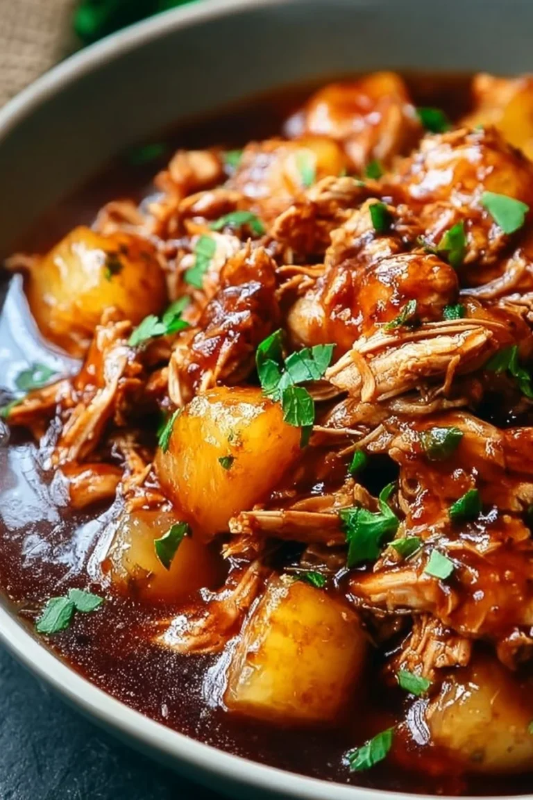 Sweet Hawaiian Crockpot Chicken served with rice and garnished with pineapple