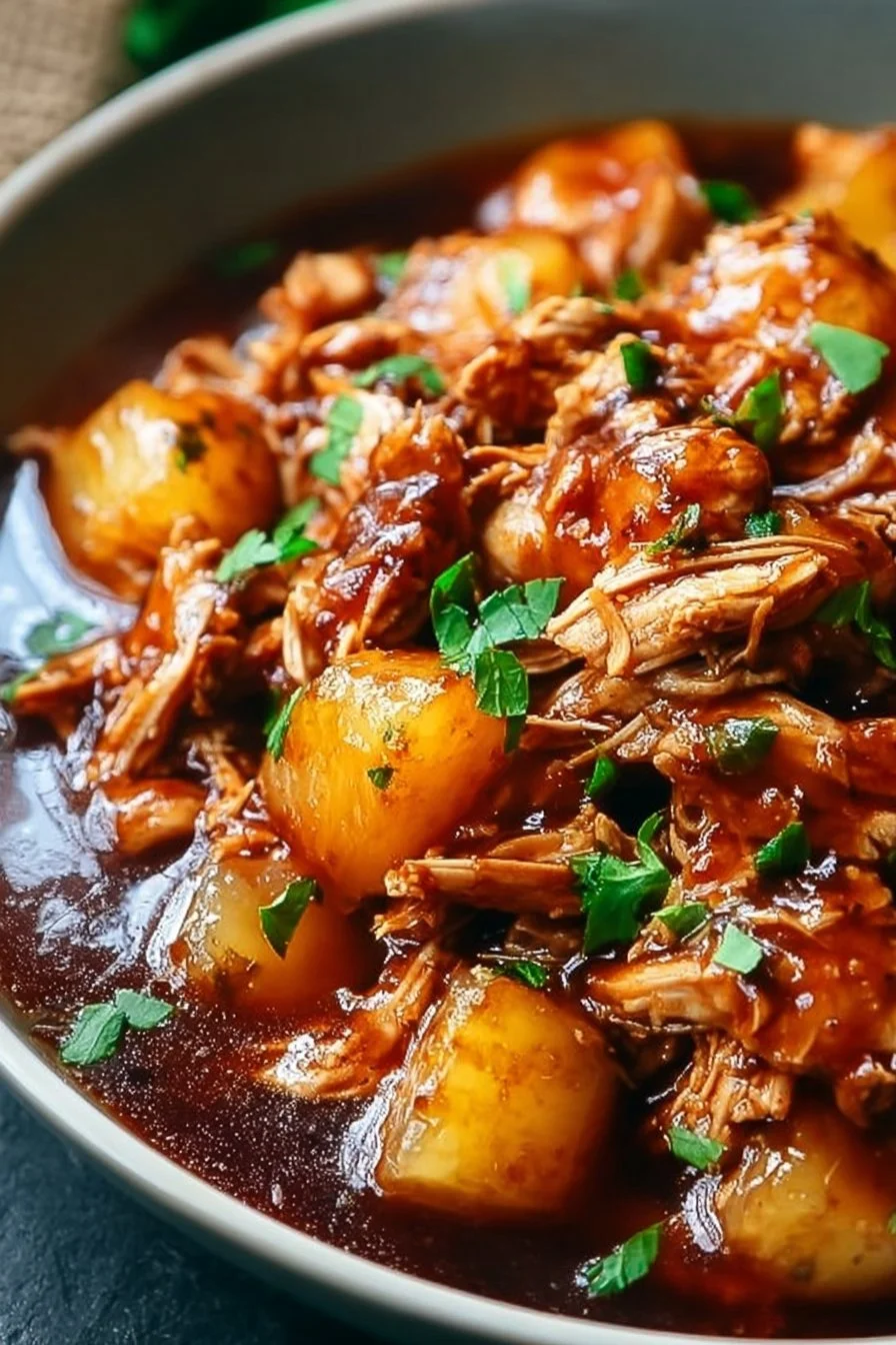 Sweet Hawaiian Crockpot Chicken served with rice and garnished with pineapple