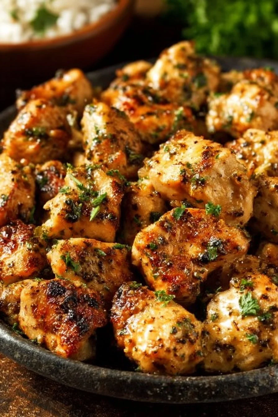 Succulent bite-size chicken breast morsels seasoned and seared to perfection.