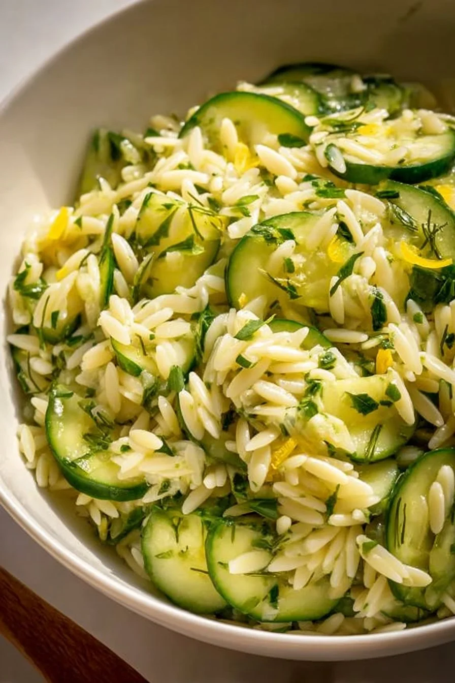 Zesty cucumber lemon orzo salad with fresh ingredients in a bowl