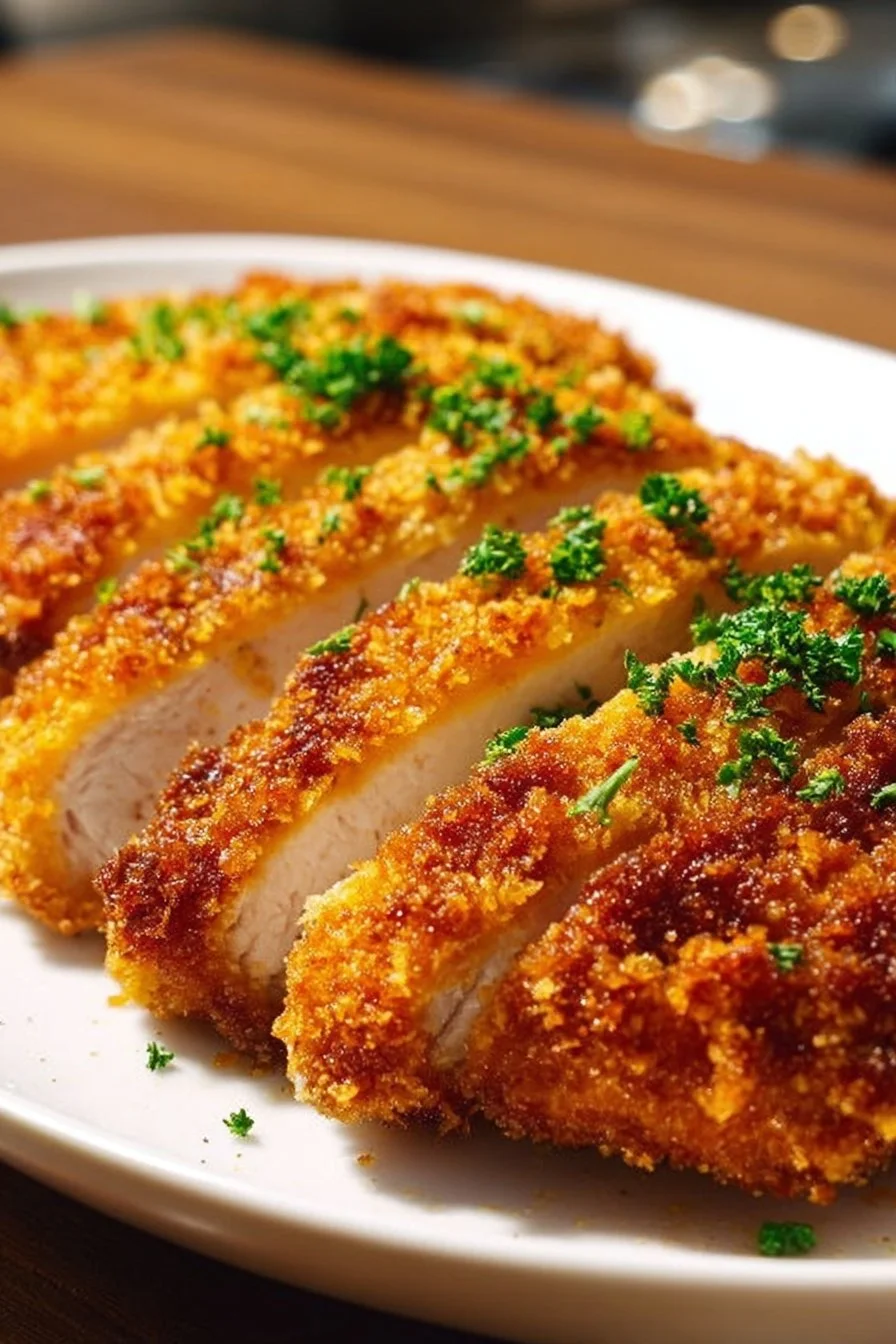 Air Fryer crispy chicken breast plated with herbs and spices