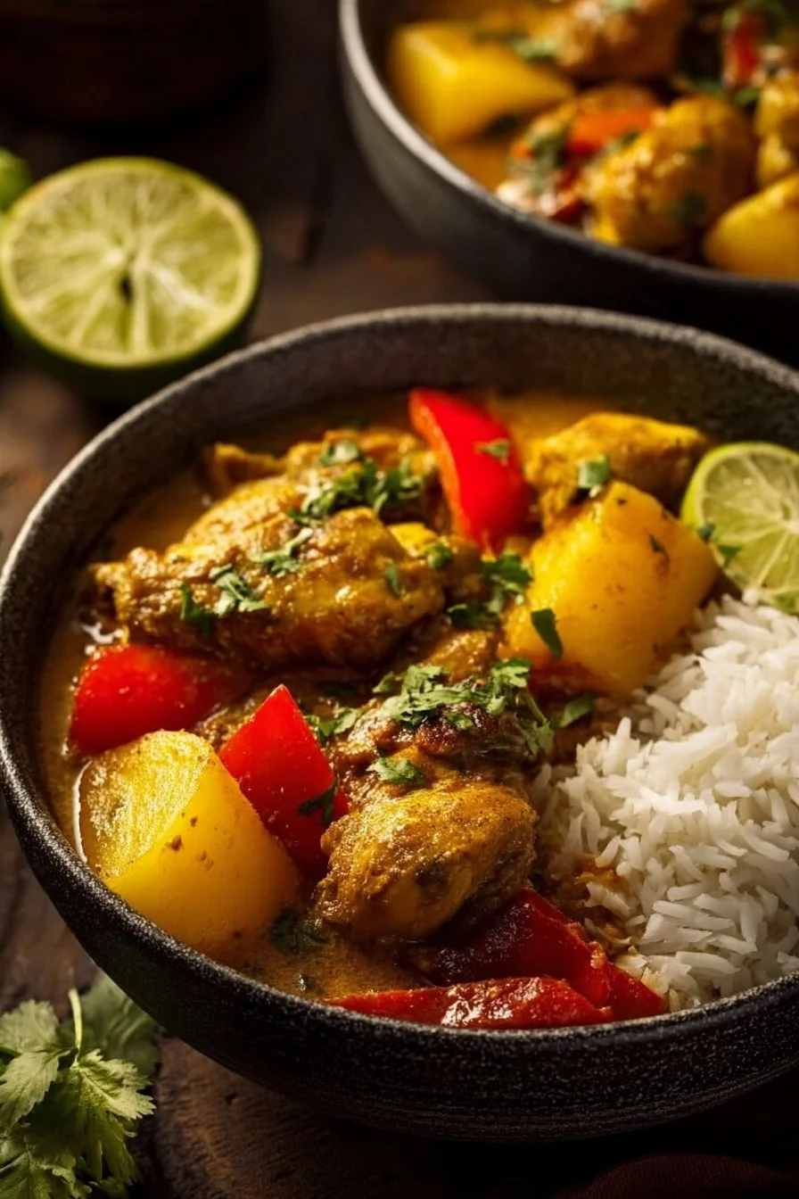 Delicious plate of authentic Jamaican Curry Chicken with spices and herbs