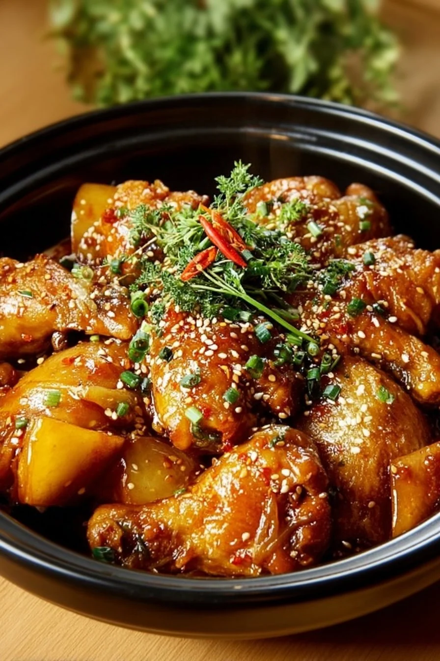 Delicious Korean Braised Chicken served with vegetables and rich sauce