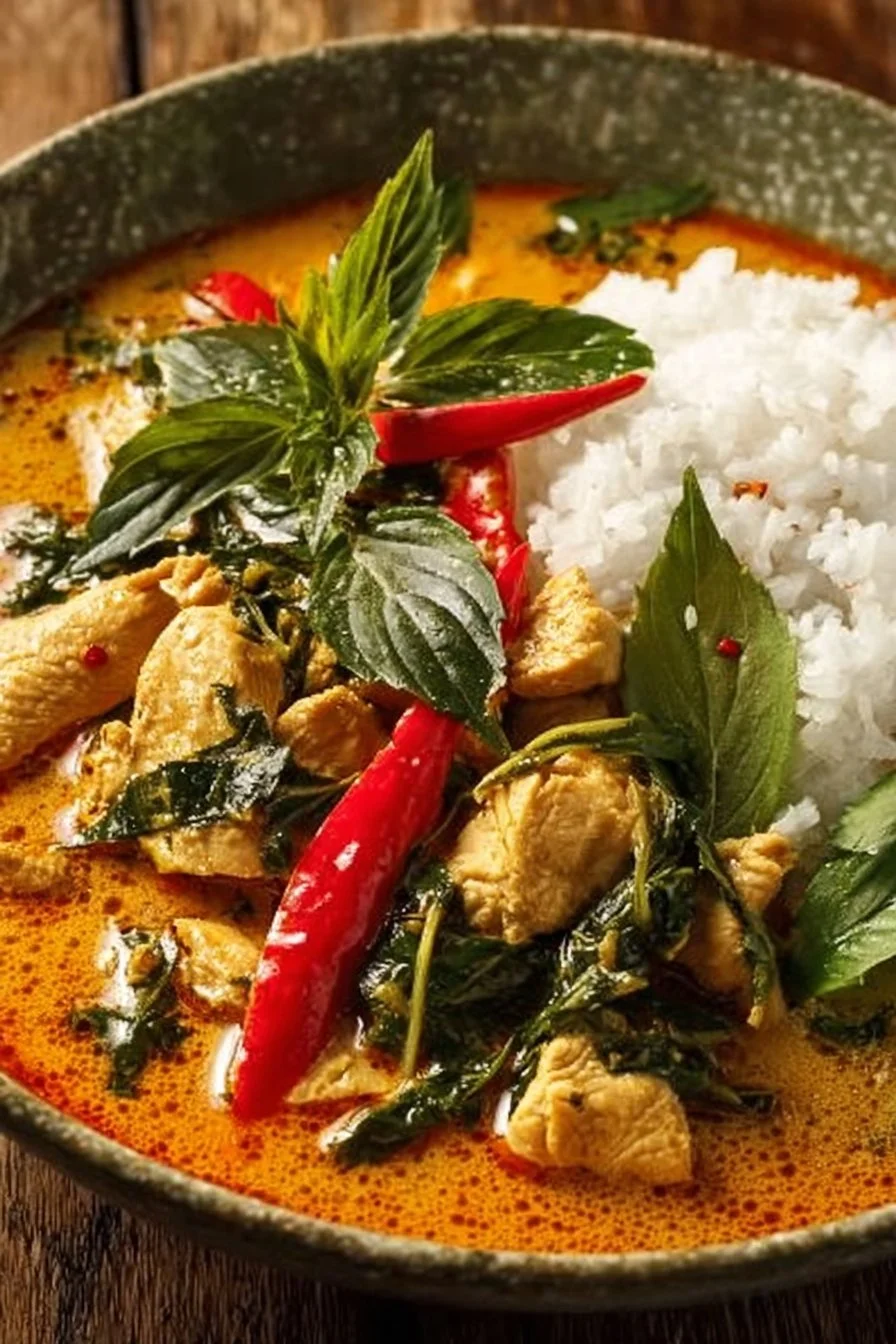 Bowl of authentic Thai Red Curry Chicken with fresh vegetables and rice.