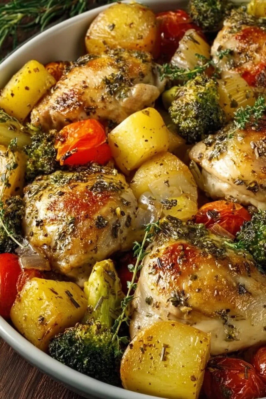 Baked Italian Chicken Dinner garnished with herbs and served with vegetables.