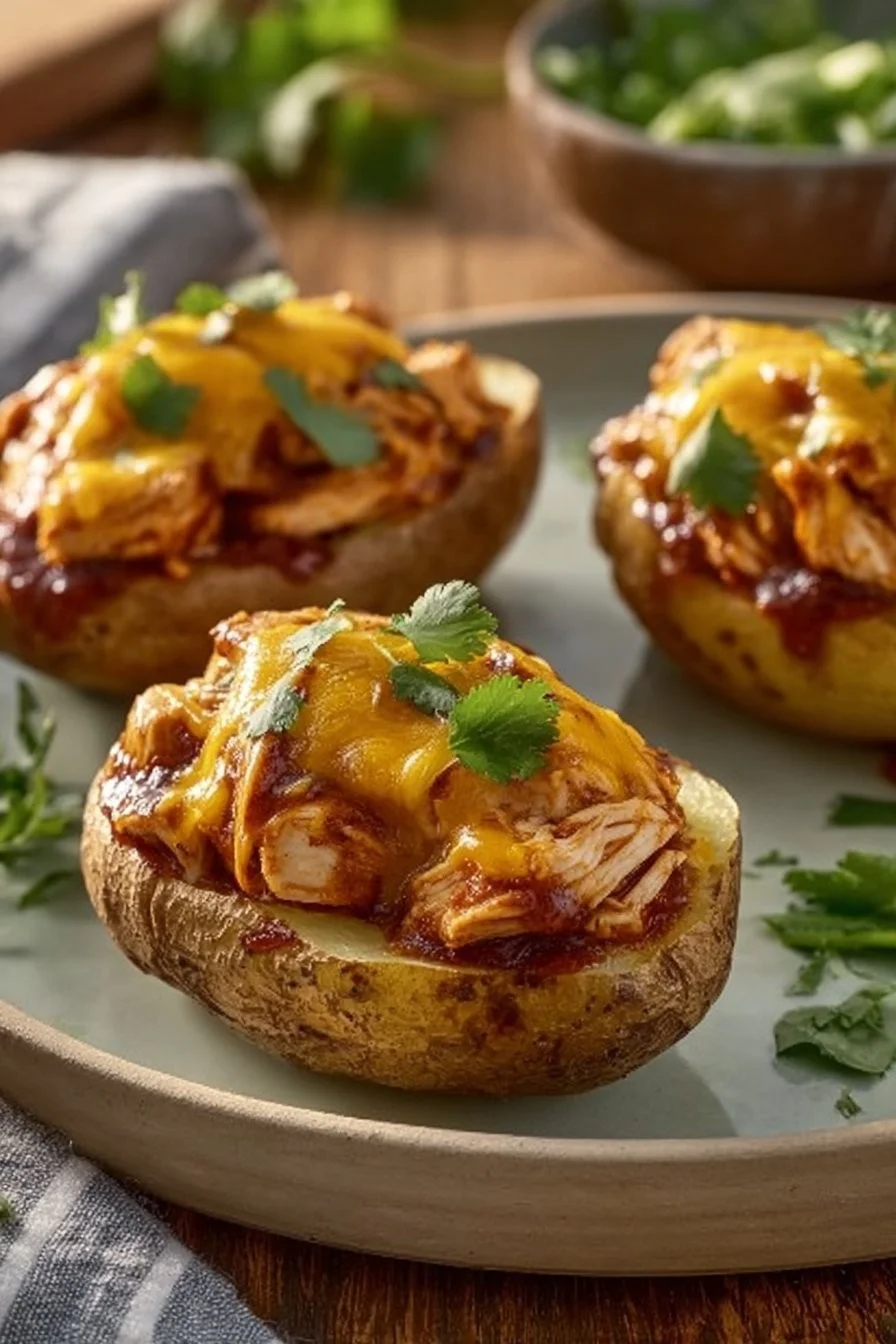 BBQ chicken baked potatoes topped with cheese and green onions