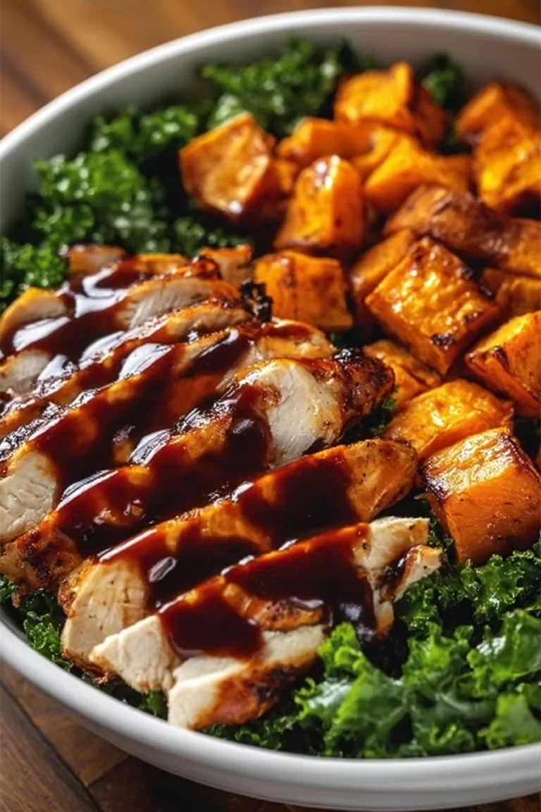 BBQ Chicken Roasted Sweet Potato Bowl with fresh ingredients