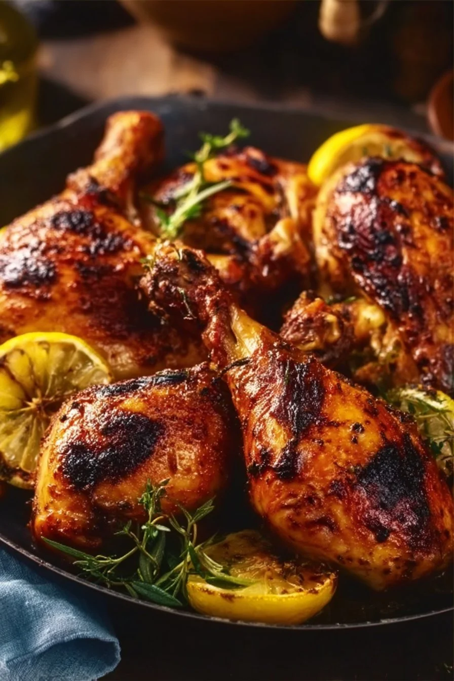 BBQ roast lemon and oregano chicken on a platter garnished with herbs.