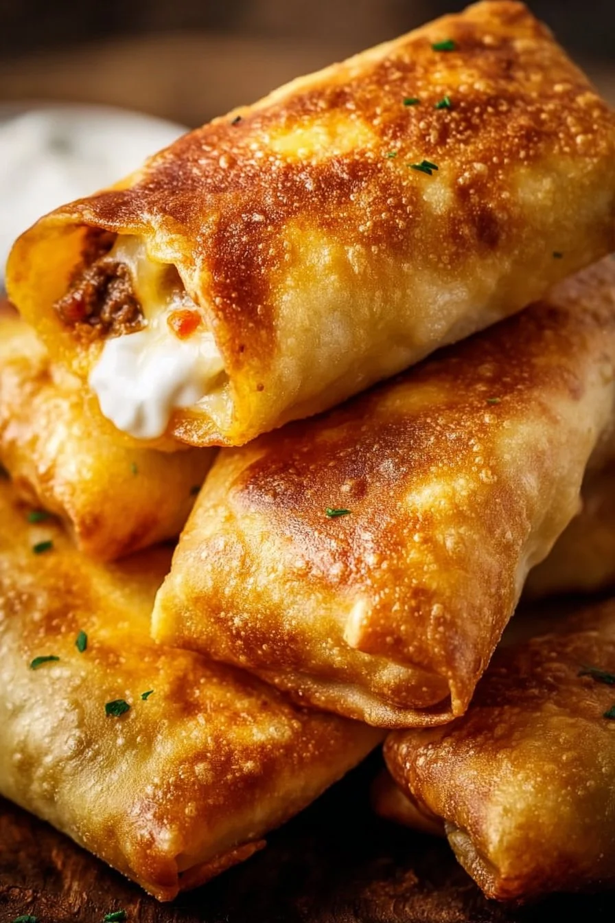 Plate of Beef and Cheese Chimichangas with salsa and toppings.