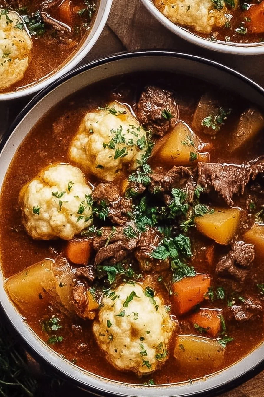 Delicious beef stew with fluffy dumplings served in a bowl