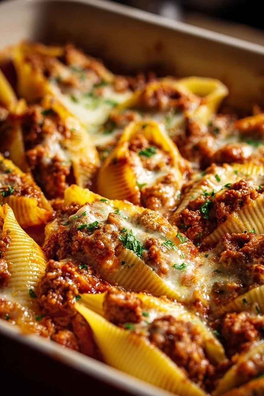 Delicious beef stuffed shells topped with marinara sauce and cheese